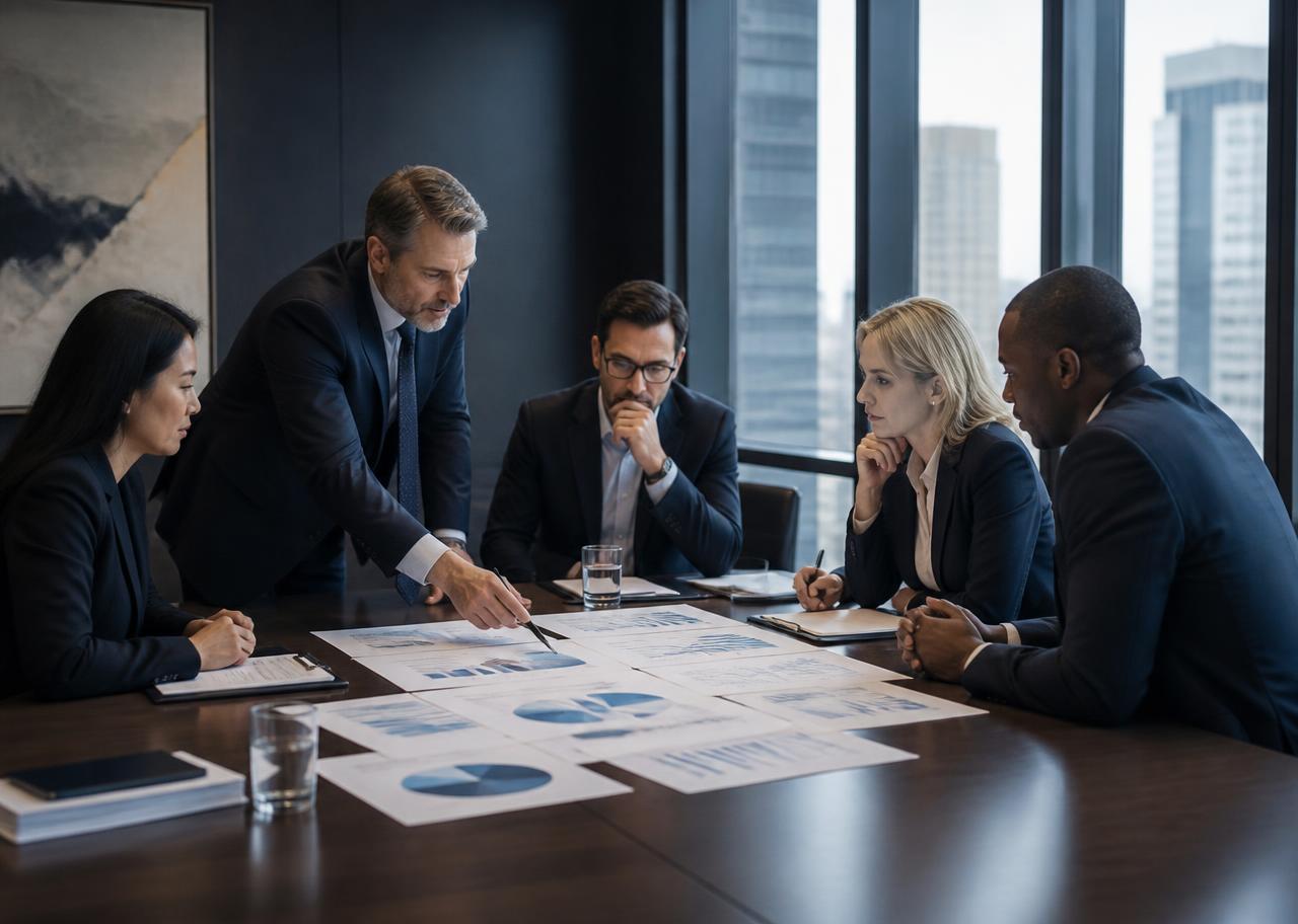 Advisers reviewing technology due diligence findings on screens in a boardroom